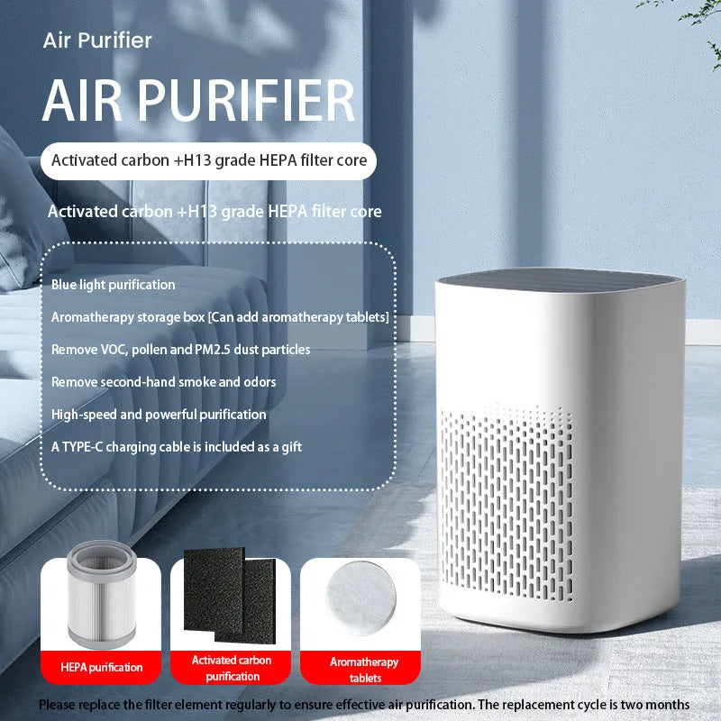 Desktop air purifier with simple design showing USB power connection
