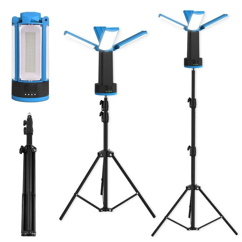 Blue foldable outdoor LED camping lamp with folding bracket and storage bag