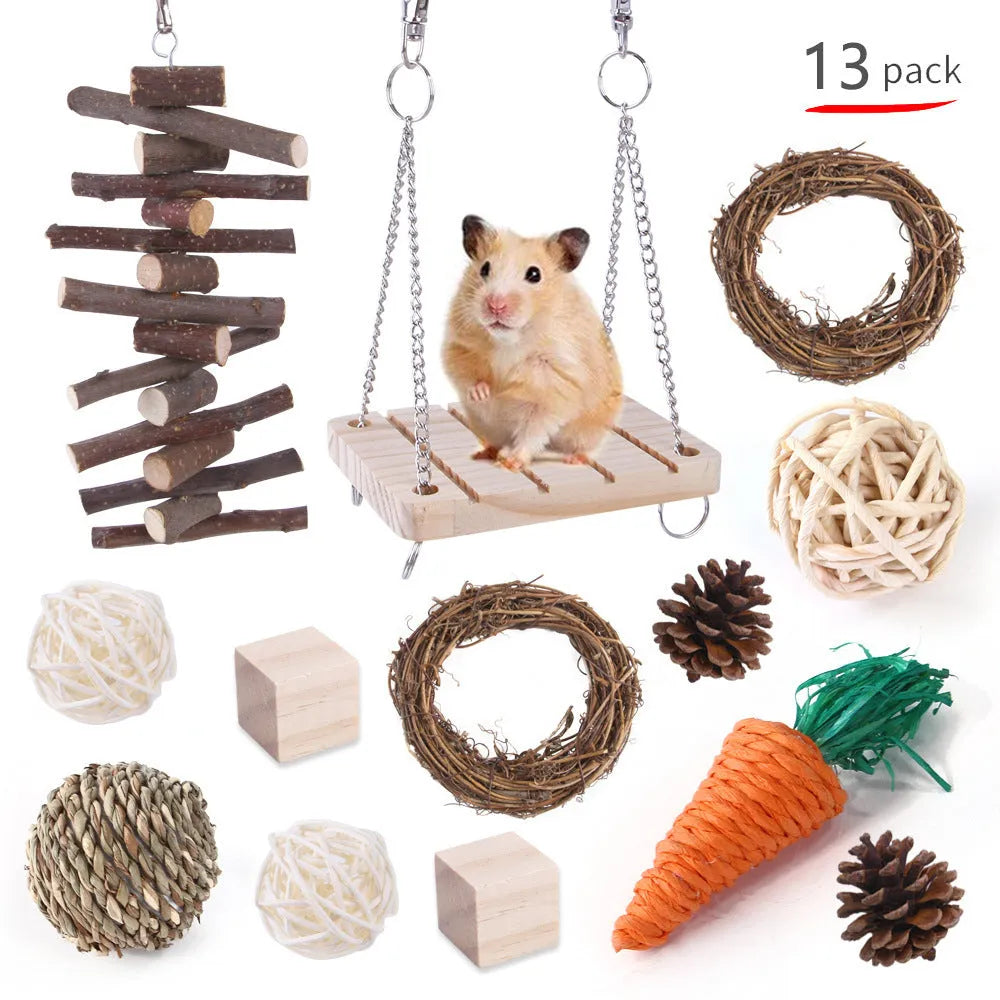 Assortment of natural wooden and woven grass toys for rabbits, guinea pigs, and parrots