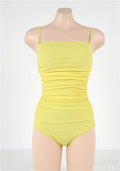 Sling style belly pleated one-piece swimsuit in blue, white, yellow, or black colours