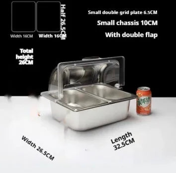 Stainless steel commercial dining plate display box with a removable lid and multiple inner compartments.
