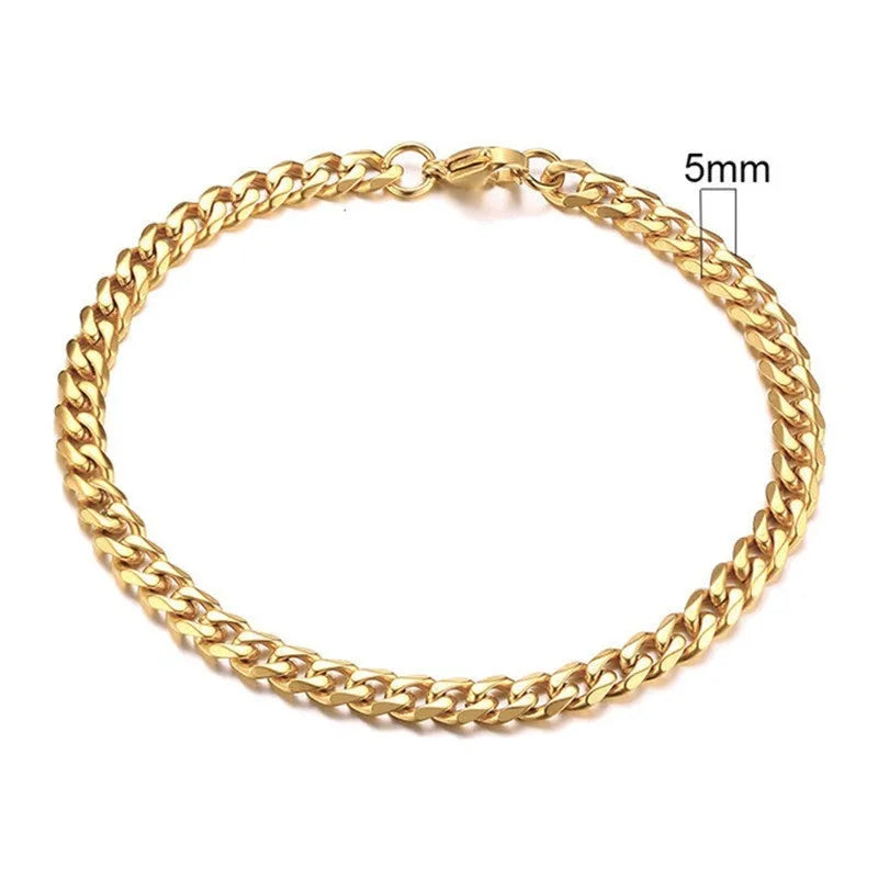 Six-sided Cuban link chain metal bracelet shown in gold, black and steel colour finishes with different width options.