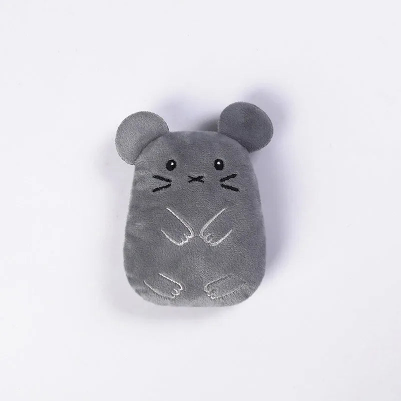 Small brown plush cat toy with catnip filling and squeaker for chewing and interactive play