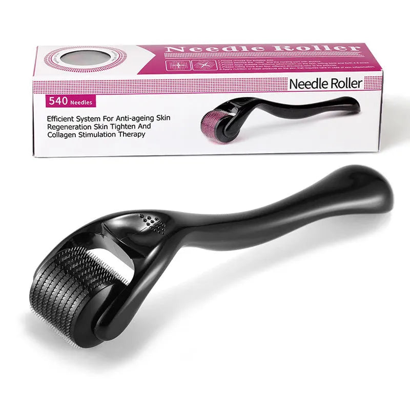 Black and purple derma roller with 540 titanium microneedles for face, beard, and scalp care.