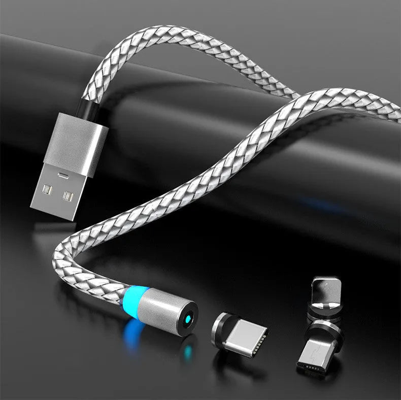 Multi-colour magnetic phone charging cable with breathing LED light and magnetic adapters for USB-C, Lightning, and Micro USB.