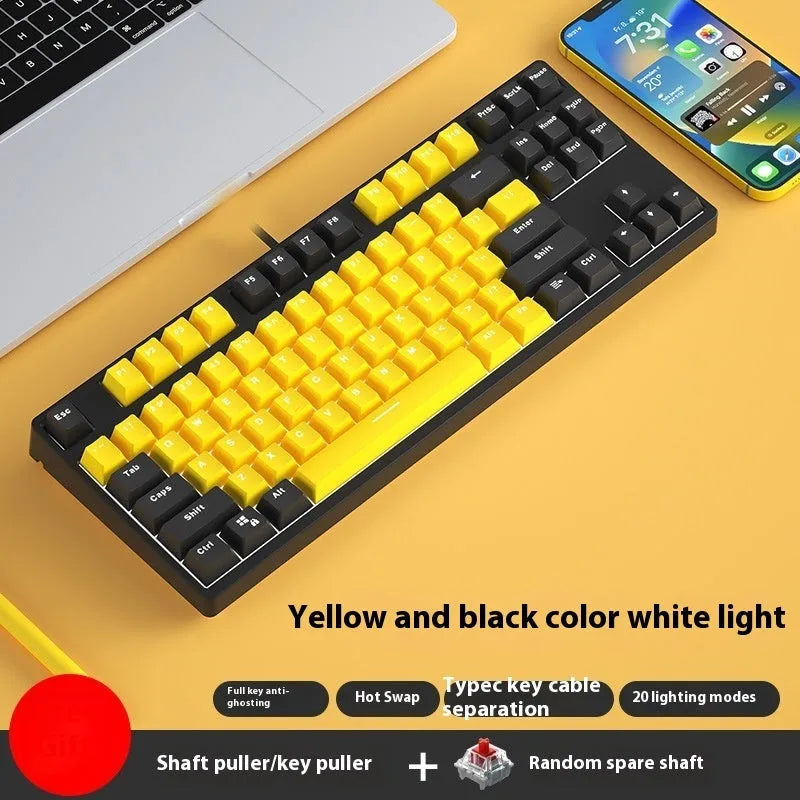 87-key wired mechanical gaming keyboard with hot-swappable switches shown in a two-tone colour scheme on a metal chassis.