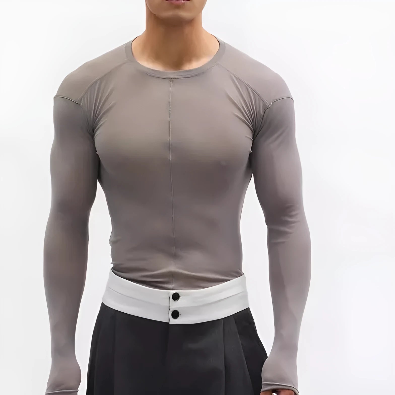 Black mesh see-through slim-fit long sleeve women's pullover top on a hanger.