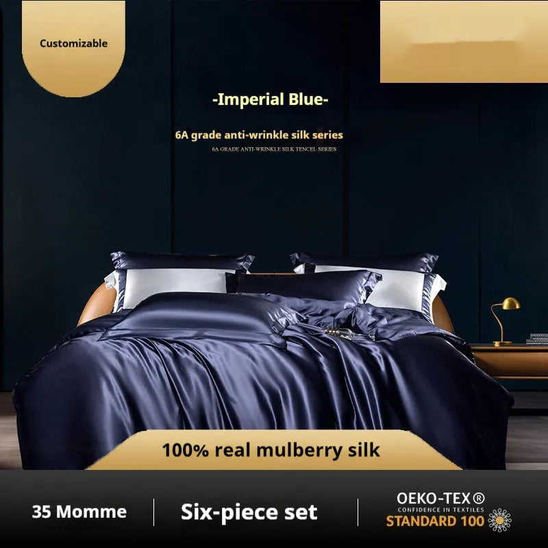 Silk four-piece quilt cover set in solid colour with fitted or flat sheet options for UK bed sizes.