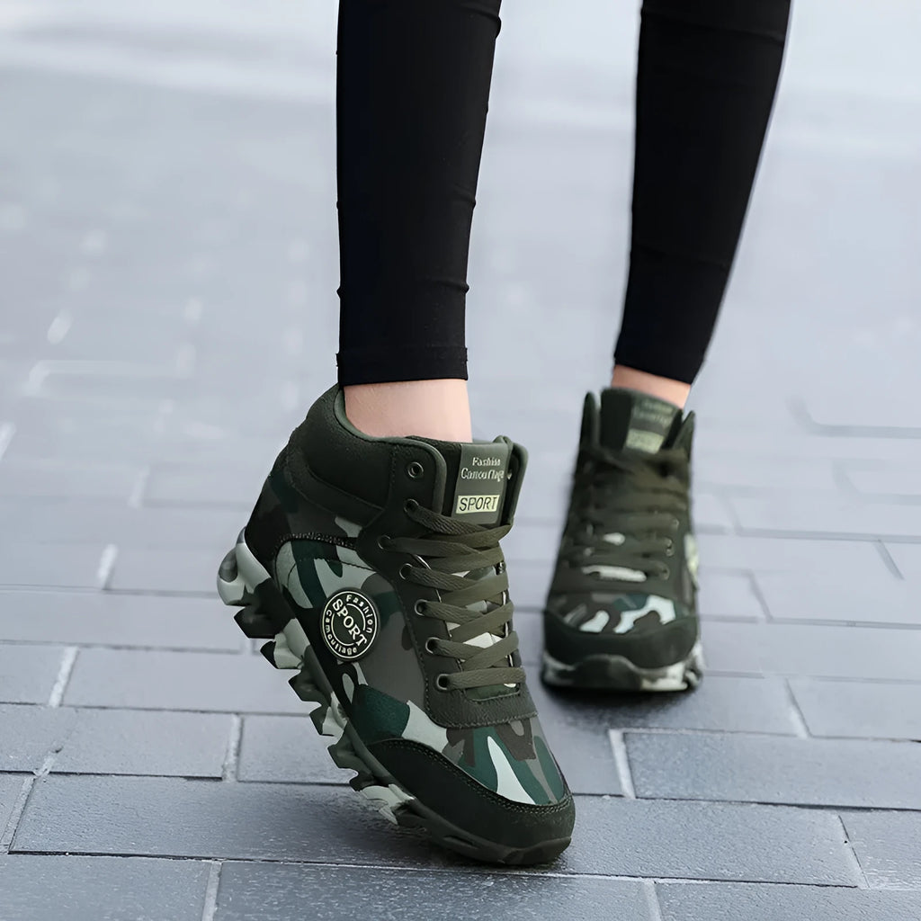 Women's green camouflage canvas sneakers with increased sole height and rubber outsole