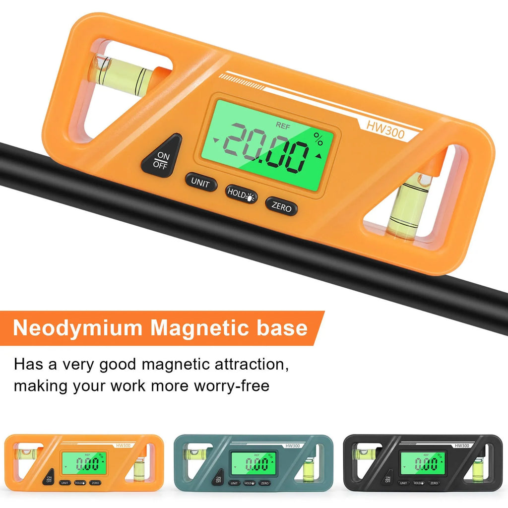 HW300 digital magnetic inclinometer angle gauge showing display and compact 115mm size