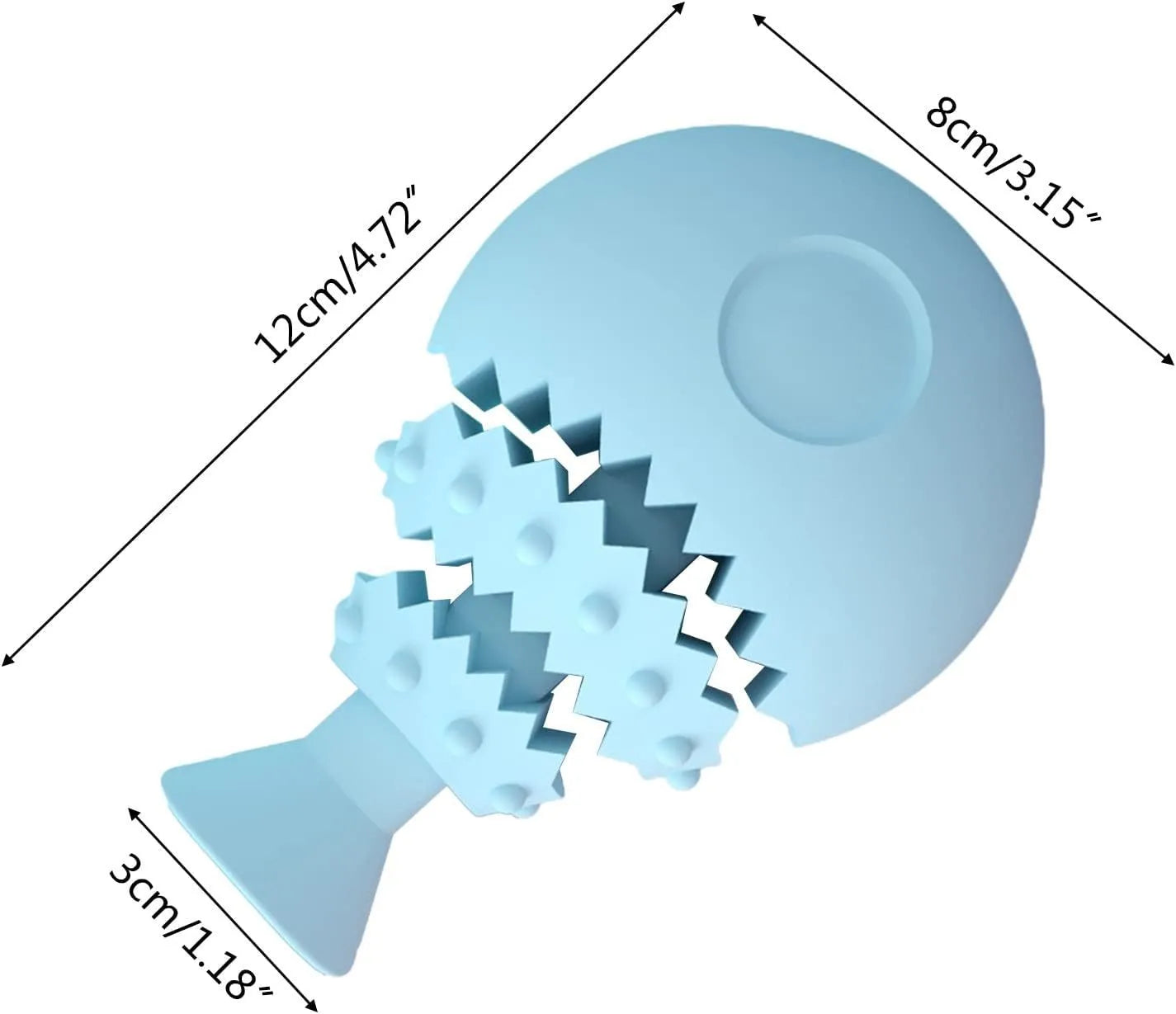 Blue fish bone shaped dog chew toy for dental care and interactive play.