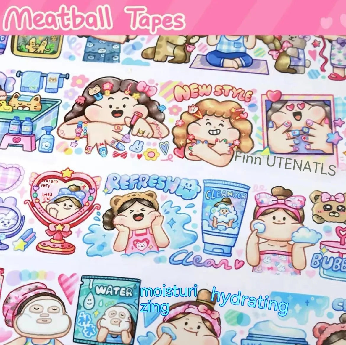 Sheet of cute cartoon character stickers on Japanese paper for haemorrhoid tape packaging and planners.