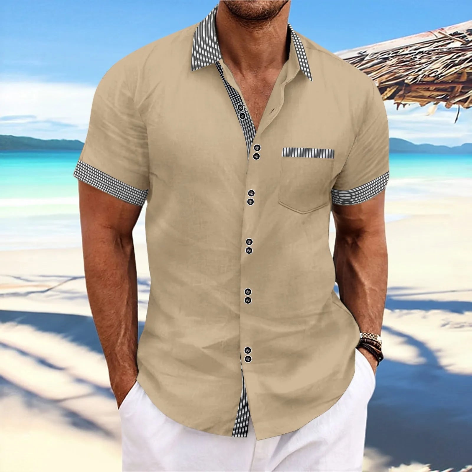 Pure cotton slim fit striped short sleeve casual shirt with double button front