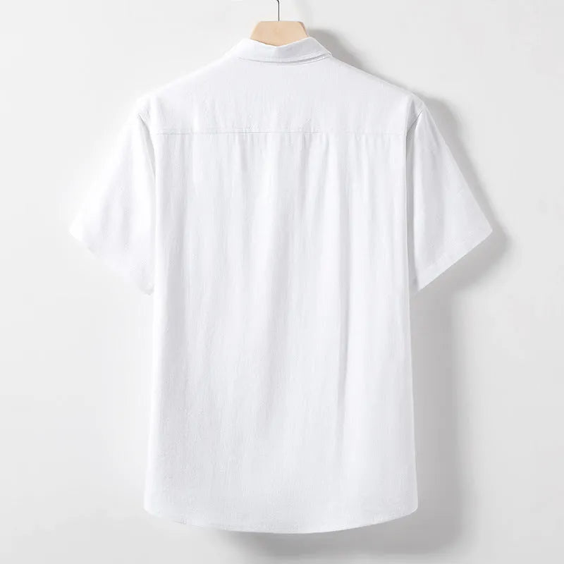 Men's loose-fit linen-blend T-shirt with a lapel collar in black, shown on a hanger.