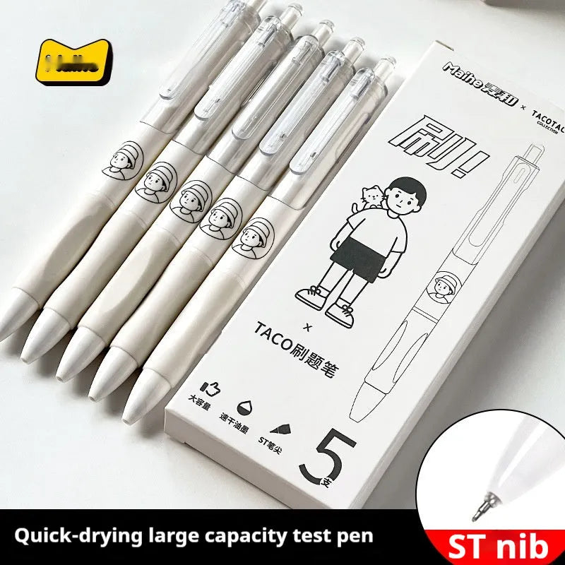 Five white ballpoint pens with 0.5mm tips and black ink
