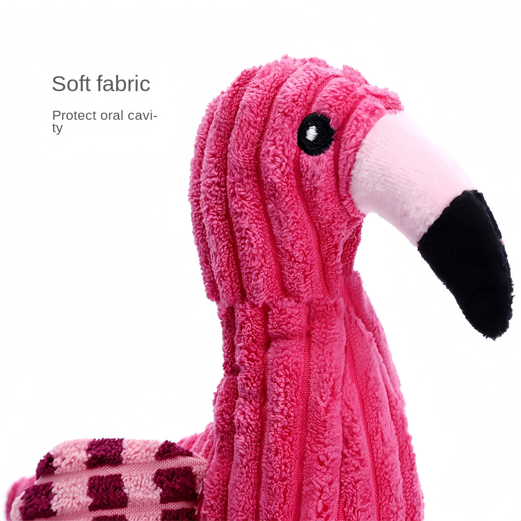 Pink animal-shaped plush dog toy with corduroy fabric and internal squeaker for small and large breed dogs