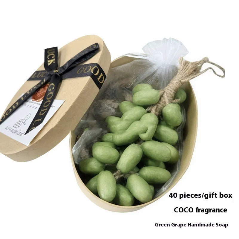 Grape handmade soap bars in black, green, purple and litchi variants showing mesh bag, gift box and long case packaging.
