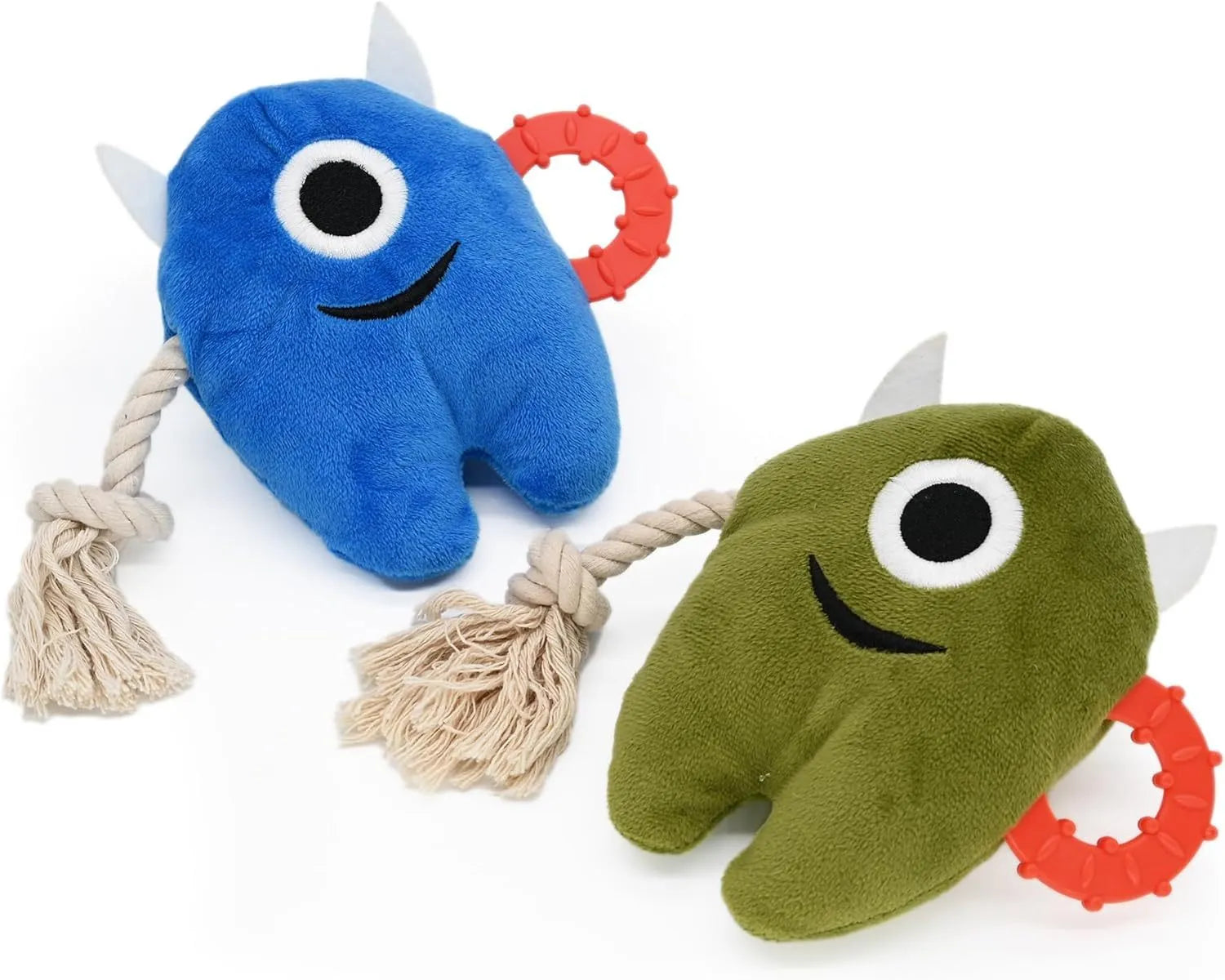 Blue and green monster-themed stuffed plush dog toy with integrated cotton rope and a squeaker.
