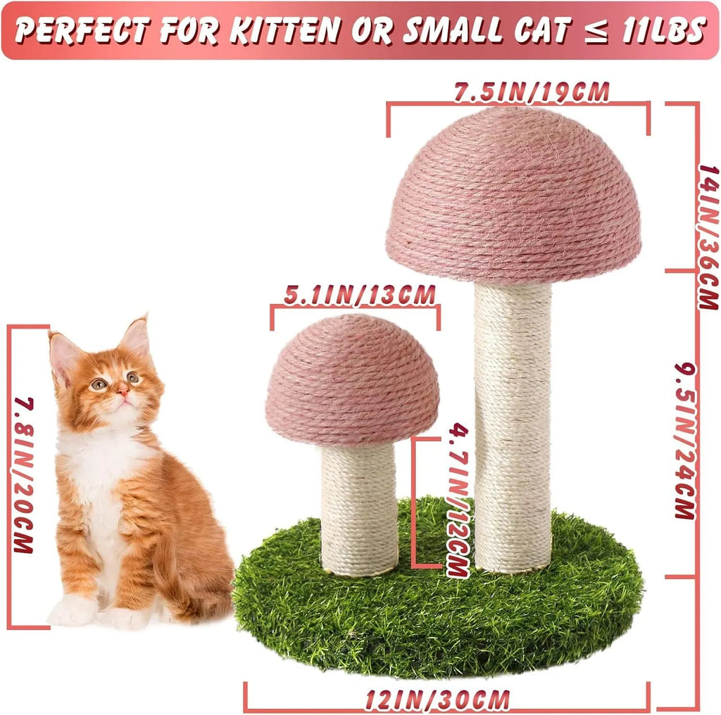 Pink mushroom-shaped cat scratching post made from natural sisal fibre with sturdy base for small cats