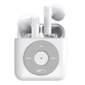 White wireless Bluetooth earphones with semi in-ear design placed beside charging compartment