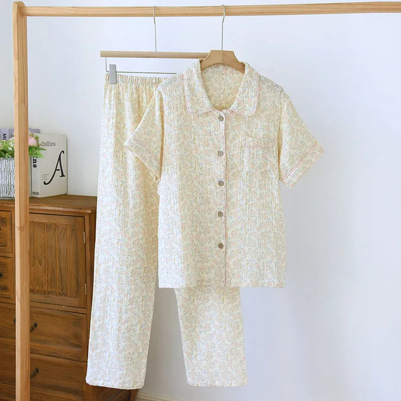 Women's washed cotton short-sleeved trouser suit in Flower Sea pattern with three-quarter sleeves