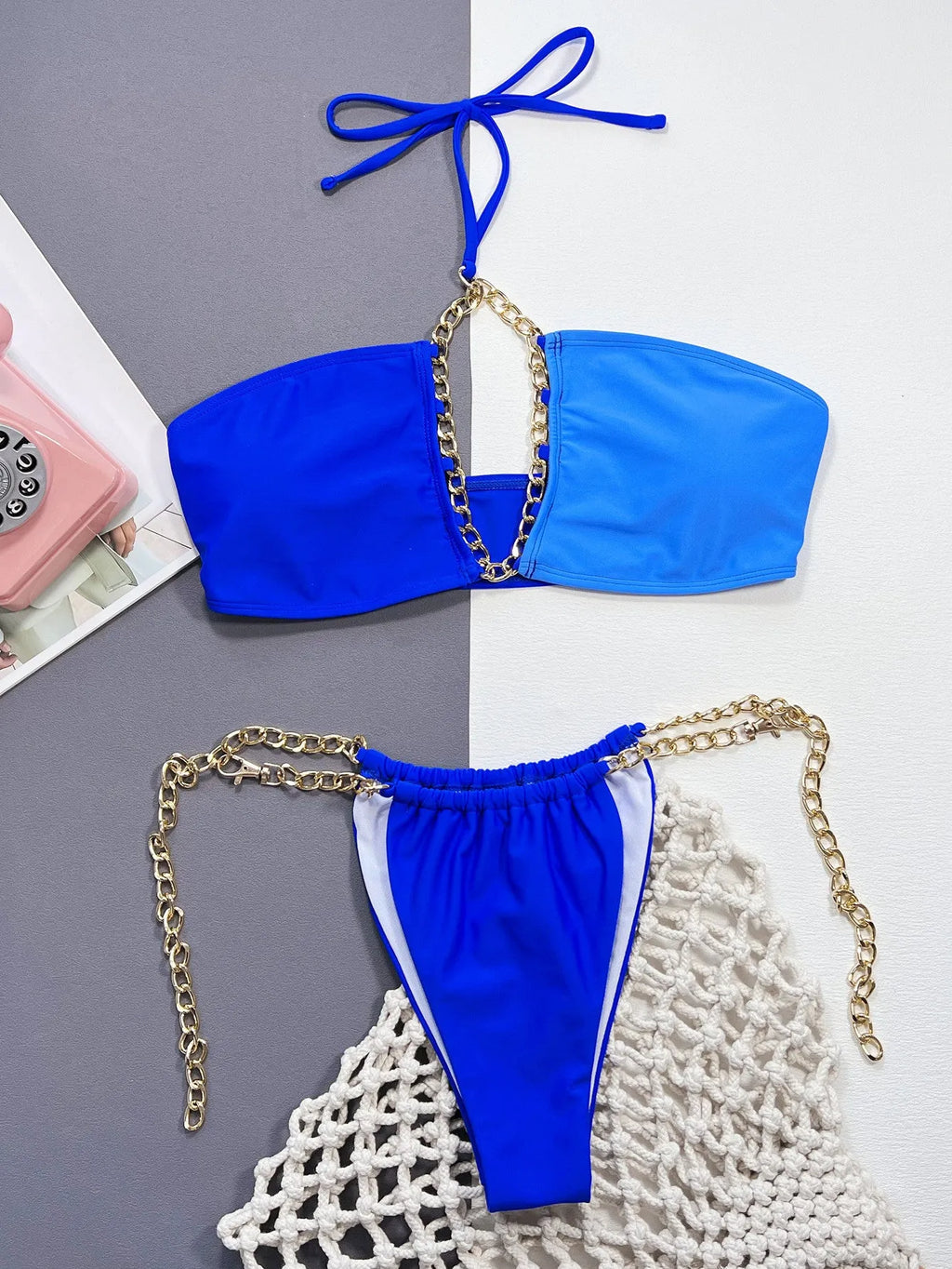 Solid blue women's nylon bikini swimsuit set showing front view of two-piece swimwear