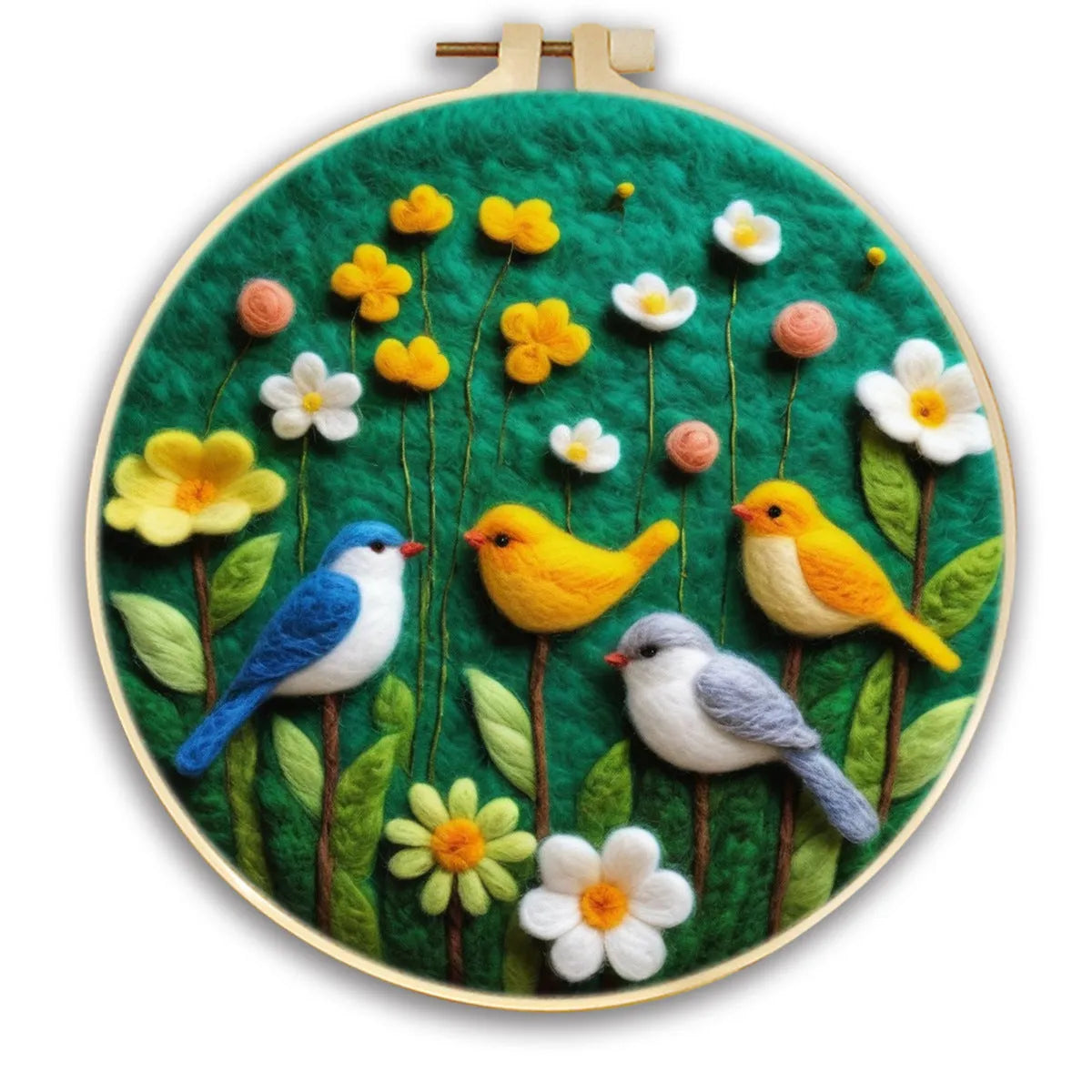 Round linen embroidery kit with wool felt materials for three-dimensional floral design