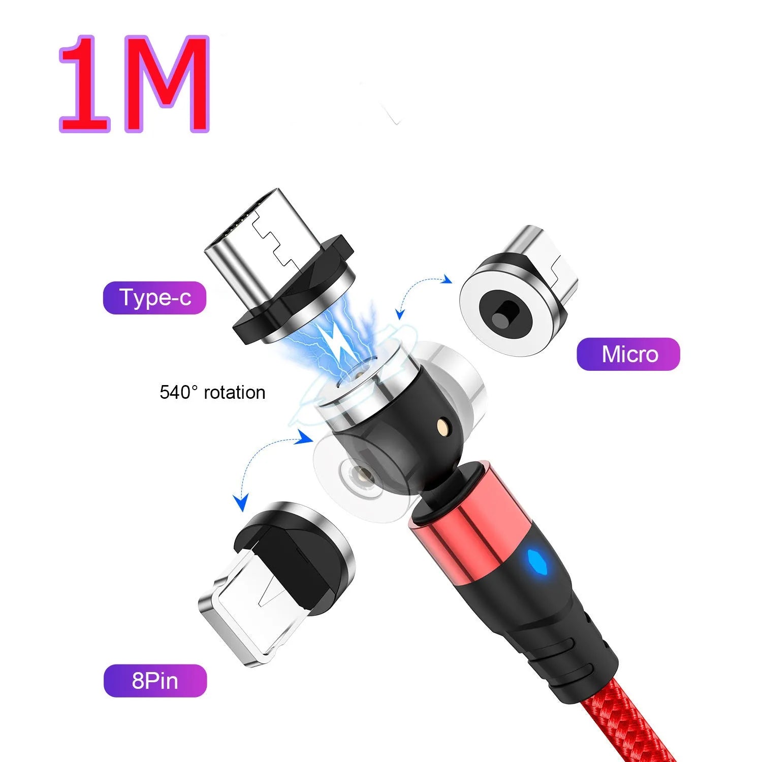 Magnetic charging cable with LED light indicator in various colours showing magnetic connection heads