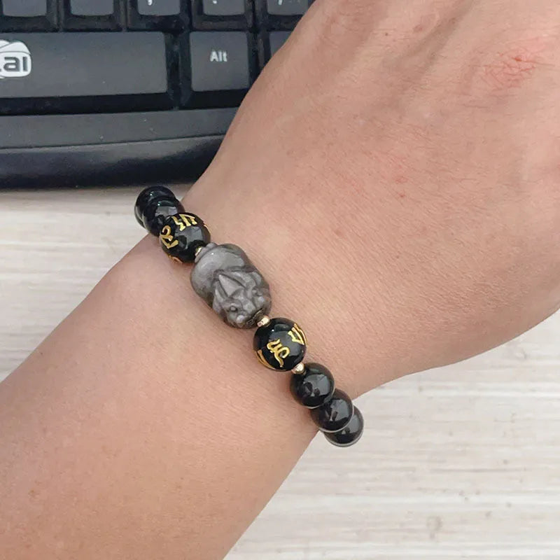 Men's natural silver stone bracelet with Chinese zodiac designs and proverb beading on adjustable band