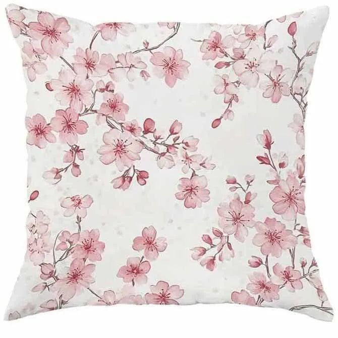 Square cherry blossom letter patterned cushion cover on a sofa, short velvet fabric.
