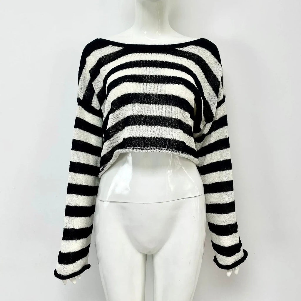 Striped long-sleeve women's pullover sweater in mercerised cotton showing exposed navel style.