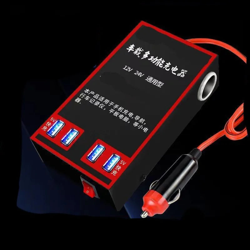 Black automotive power converter converting 12V/24V vehicle battery to 220V mains electricity with sockets and USB ports