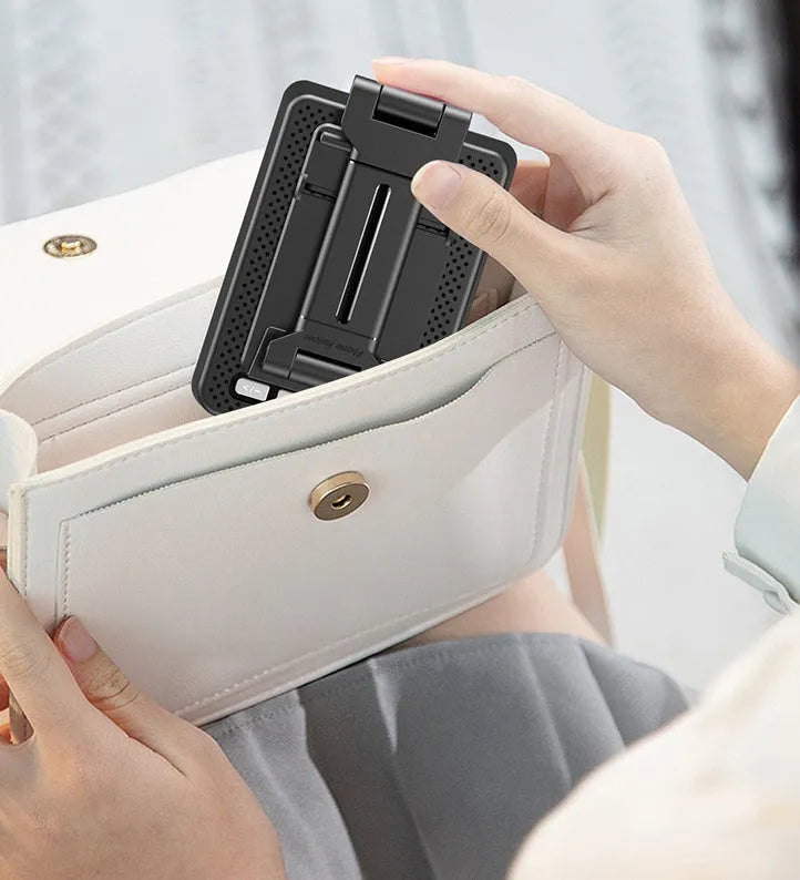 Black mobile phone stand with Bluetooth speaker and microphone for desk use