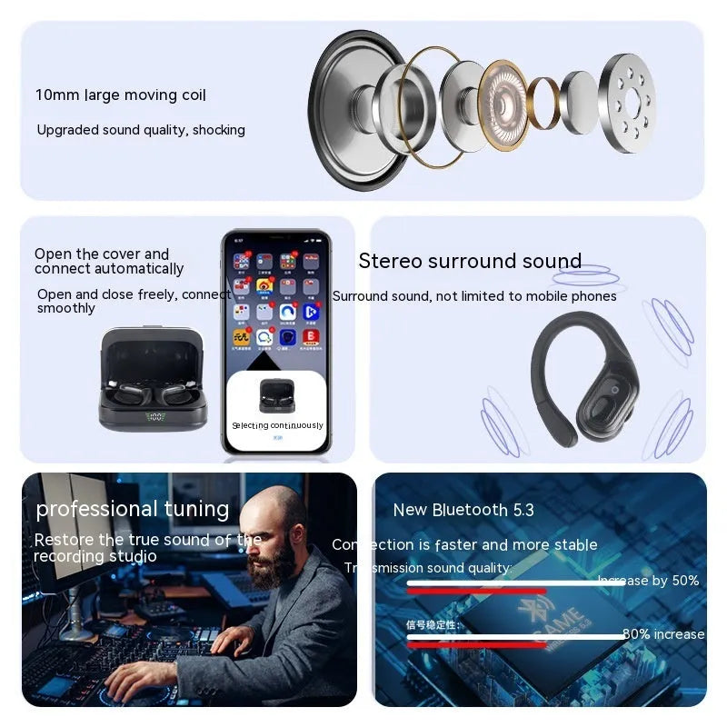 Black wireless Bluetooth ear hook headset with smart noise reduction and Type C charging case