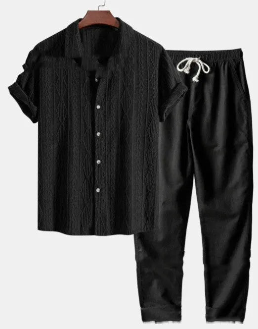 Mens loose short sleeve shirt and trousers casual set in milk silk polyester fabric for summer wear