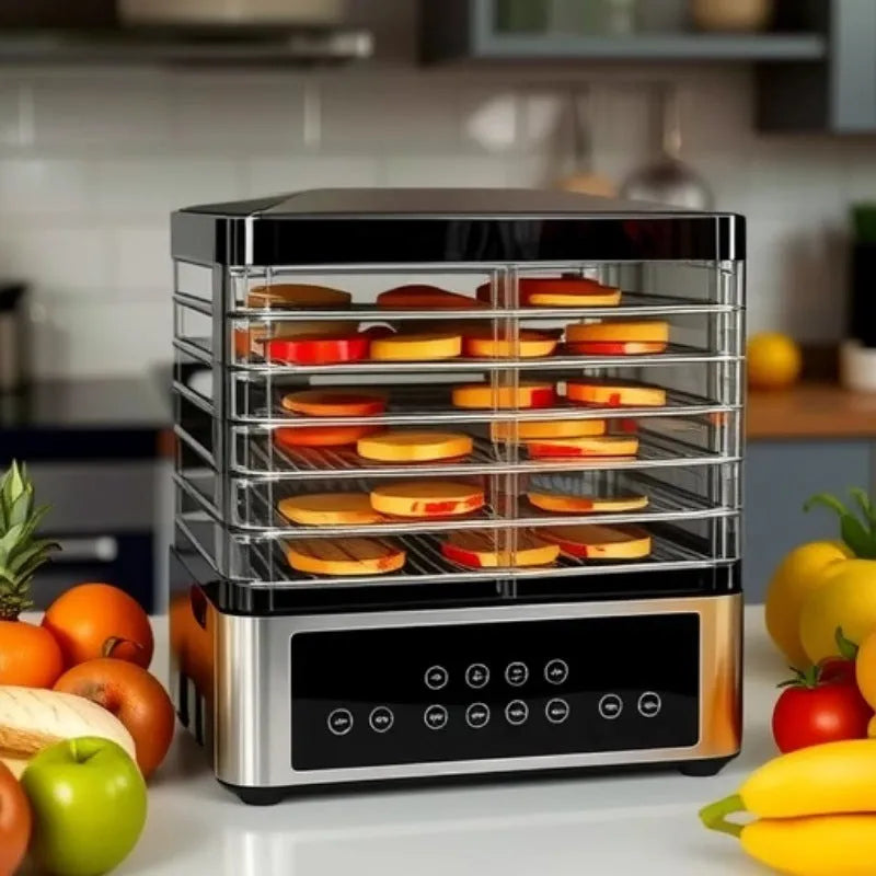 Silver stainless steel fruit dehydrator food dryer with temperature control dial and 14L capacity