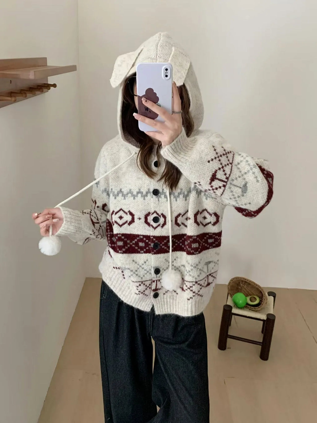 Geometric patterned brocade sweater coat in beige or grey for women's plus size casual wear