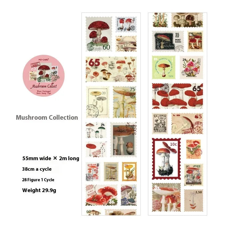 Roll of retro-patterned coated paper stamp for journal decoration, showing butterfly, forest, bird and mushroom design options.