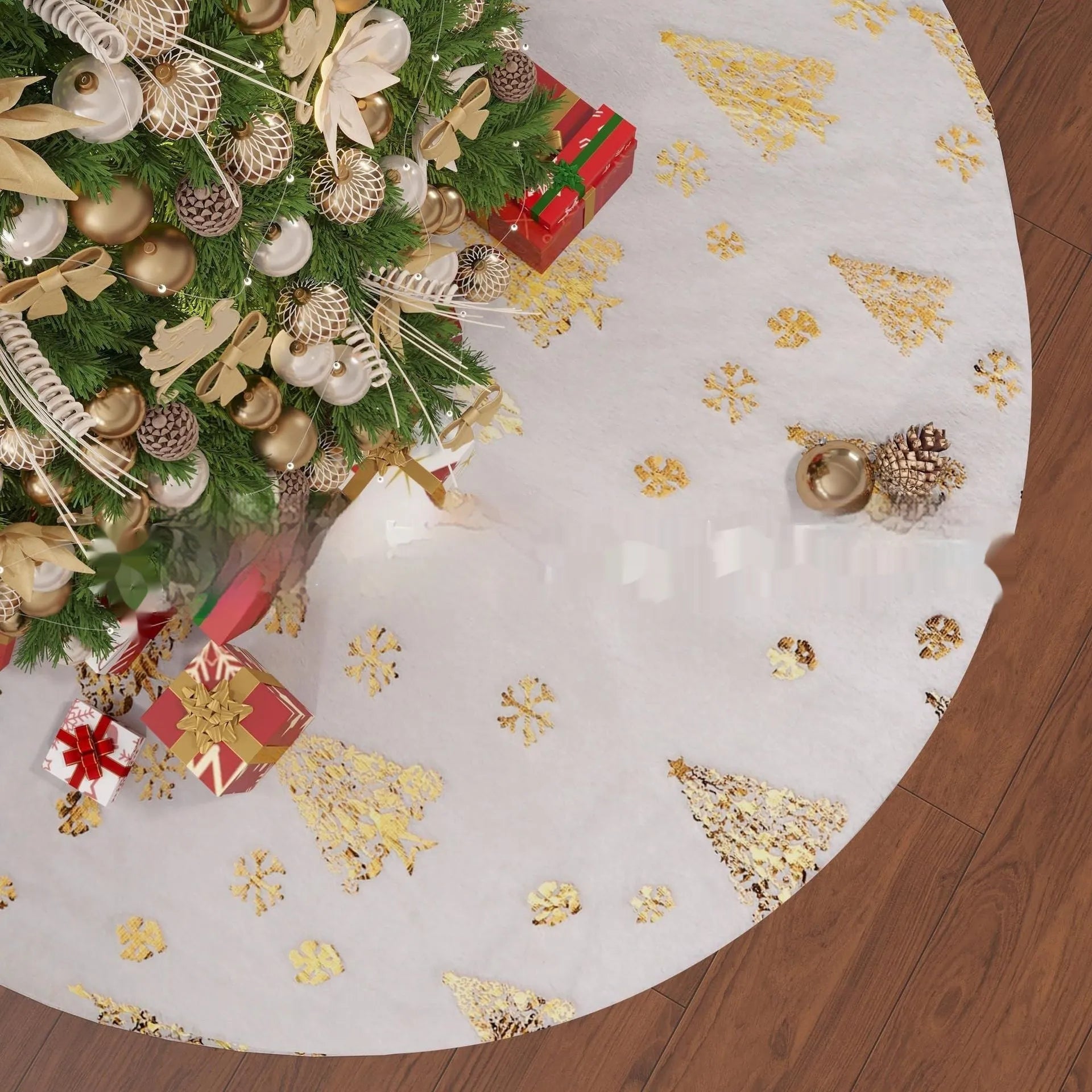 Plush red Christmas tree rug with snowflake XINGX pattern on a wooden floor
