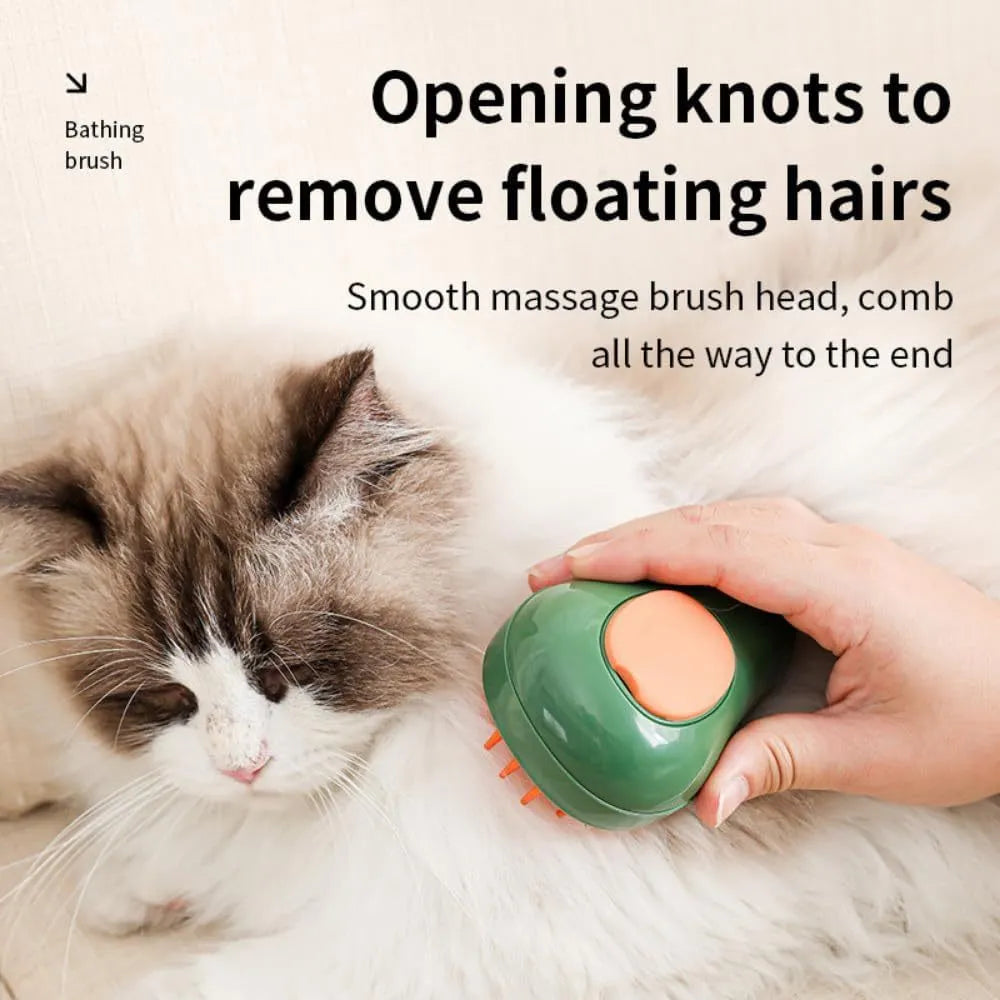 Green and white rechargeable cat steam brush with water spray tank and soft silicone bristles for pet grooming.