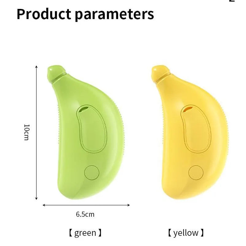 Green or yellow Cat Steam Brush with round teeth and cat paw-shaped ends for pet grooming