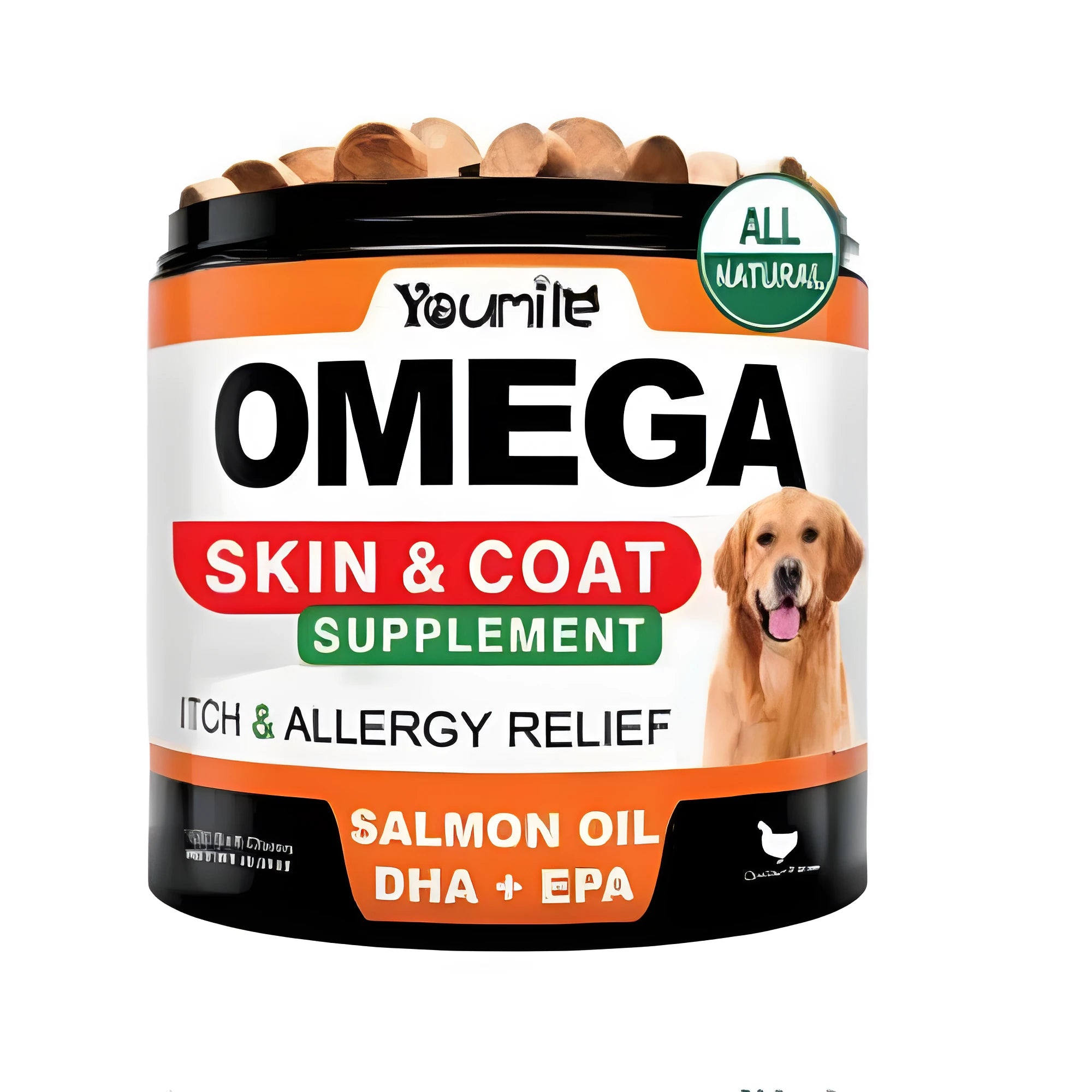 Bottle of citrus-flavoured fish oil softgel supplements containing 120 chewable capsules