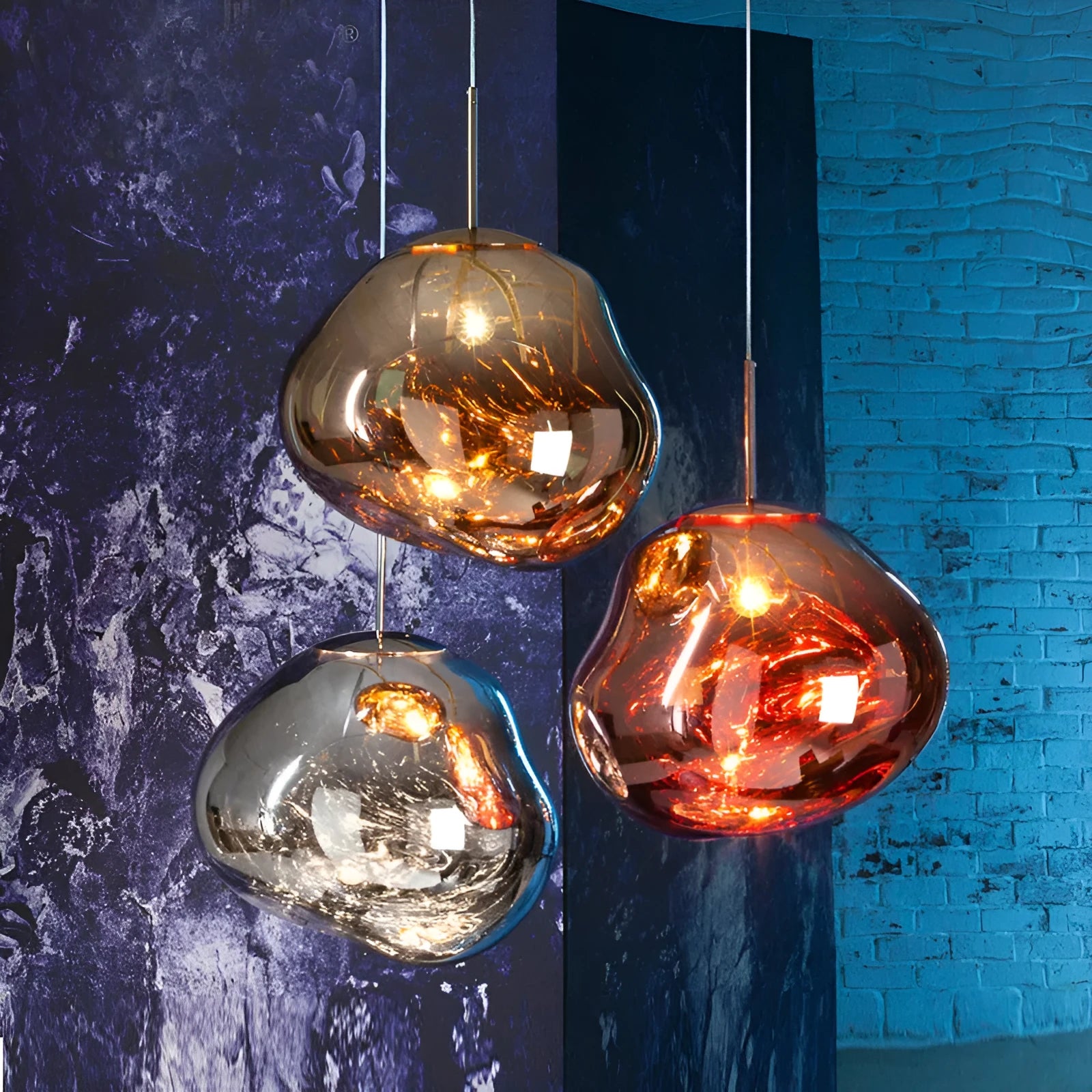 Nordic style irregular glass lava lamp chandelier in gold, silver, or red copper, available in three different sizes.