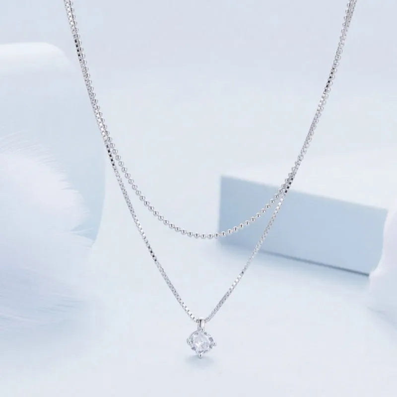 Women's double-layer pendant necklace in 925 silver with pearl chain style in silver colour