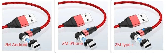 Magnetic charging cable with LED light indicator in various colours showing magnetic connection heads