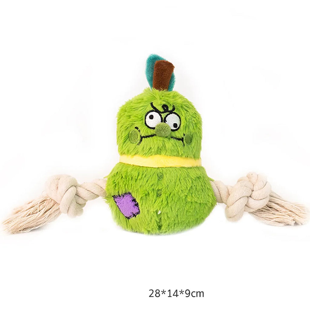 Green and purple plush rope knot dog toy with squeaker for tug of war and chewing.
