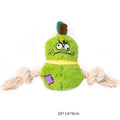 Green and purple plush rope knot dog toy with squeaker for tug of war and chewing.