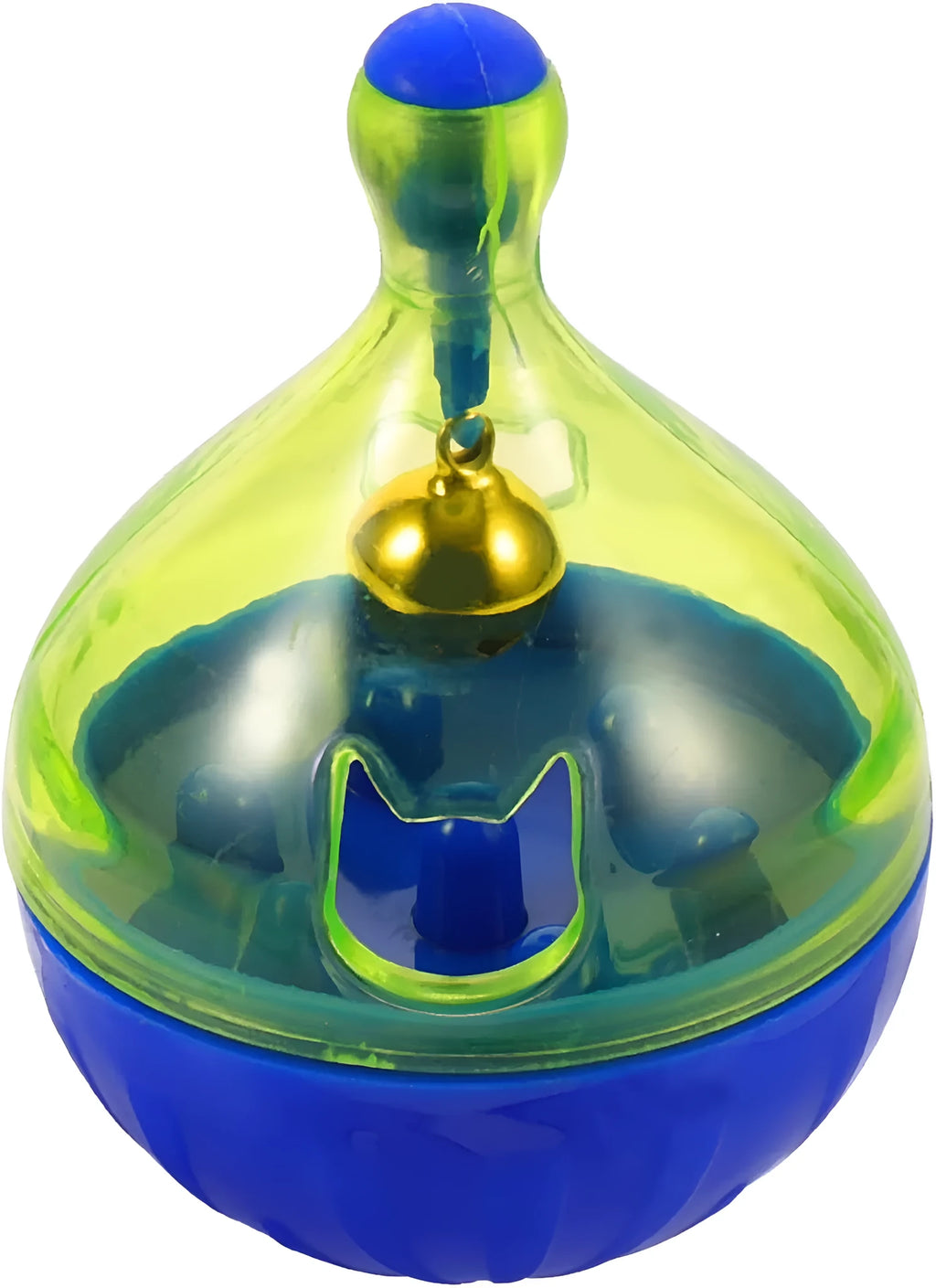 Tumbler-shaped pet treat dispenser ball for dogs and cats with dimensions 14x10x10cm