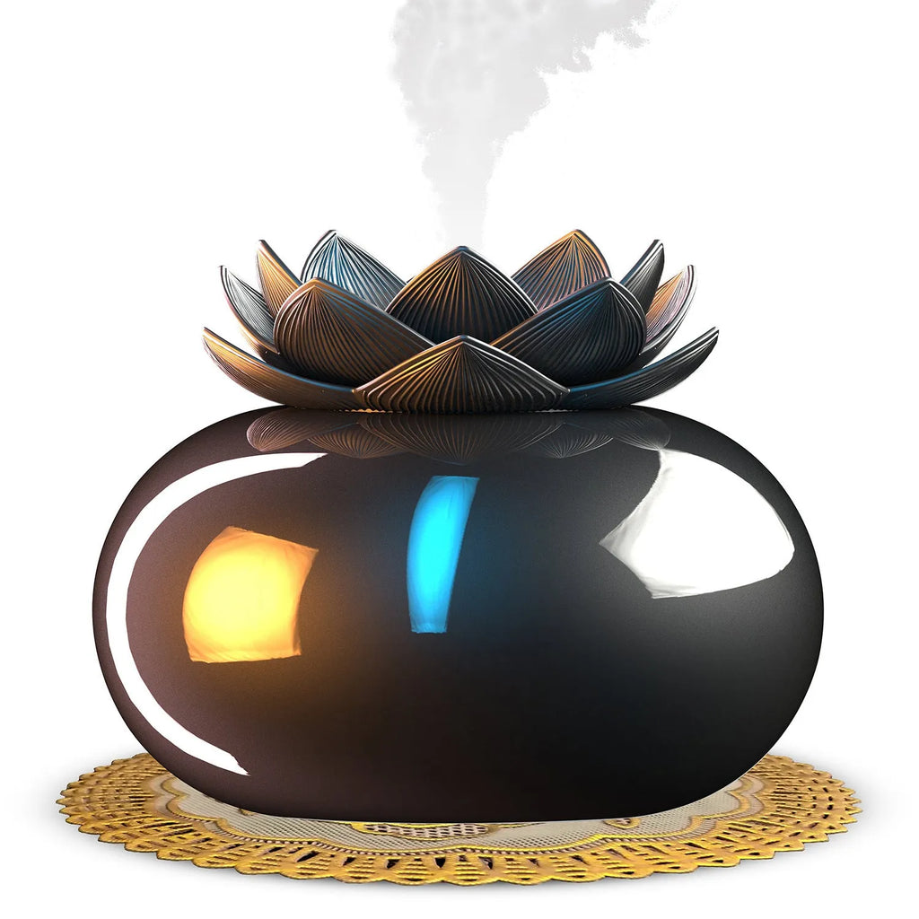 Pure black lotus-shaped USB humidifier with single fog outlet on round base
