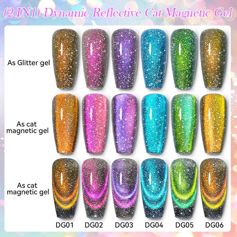 Diamond in the Debris Cat Eye Series nail polish gel bottles in six colours with included nail glue.